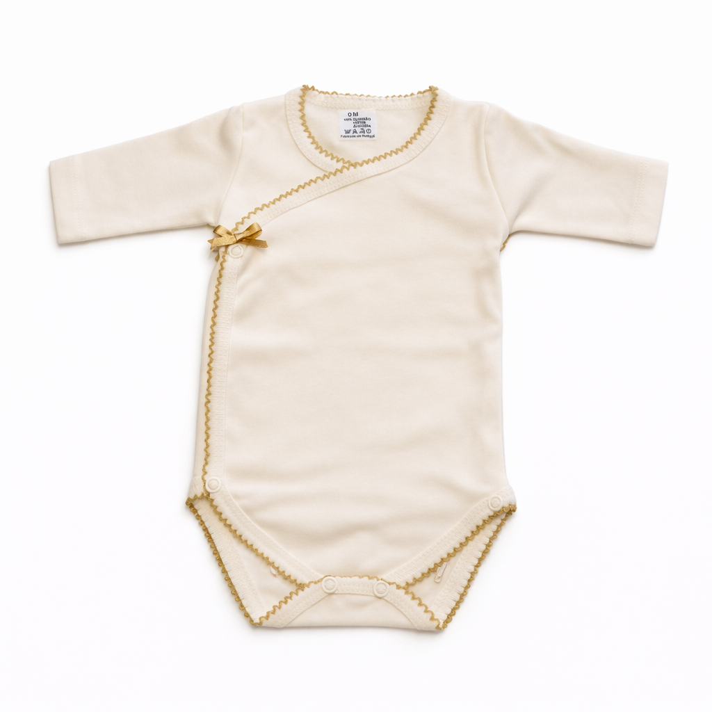 romper lange mouw & broekje | borduur randje en strikje beige